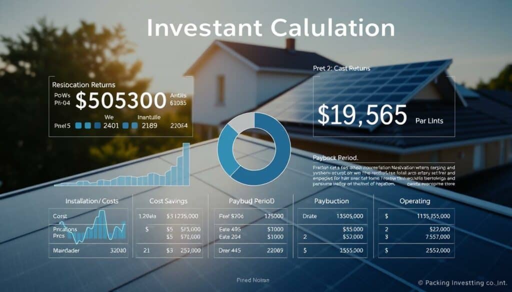 Photovoltaic investment calculation: A detailed financial diagram showcasing the key metrics and projections for a residential solar power system. A sleek, minimalist layout with clean lines and a sophisticated color palette of blues, greys, and subtle metallic accents. The foreground features a central pie chart illustrating the projected returns, cost savings, and payback period over the system's lifetime. The middle ground displays a concise breakdown of installation costs, energy production, and operating expenses. The background subtly depicts a serene, sun-drenched residential rooftop, emphasizing the system's integration with the home. Rendered with a professional, data-driven aesthetic to convey the analytical nature of the investment calculation. Photovoltaic investment calculation: A detailed financial diagram showcasing the key metrics and projections for a residential solar power system. A sleek, minimalist layout with clean lines and a sophisticated color palette of blues, greys, and subtle metallic accents. The foreground features a central pie chart illustrating the projected returns, cost savings, and payback period over the system's lifetime. The middle ground displays a concise breakdown of installation costs, energy production, and operating expenses. The background subtly depicts a serene, sun-drenched residential rooftop, emphasizing the system's integration with the home. Rendered with a professional, data-driven aesthetic to convey the analytical nature of the investment calculation.