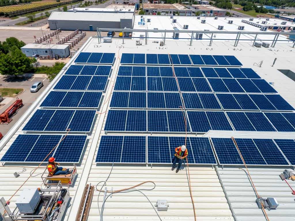 Photovoltaikanlage auf einem Industriedach mit Mitarbeitern bei der Installation