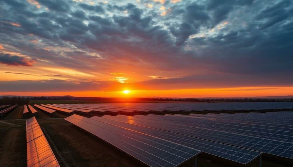 Sonnenuntergang über einem Solarpark als Symbol für nachhaltige Investitionen