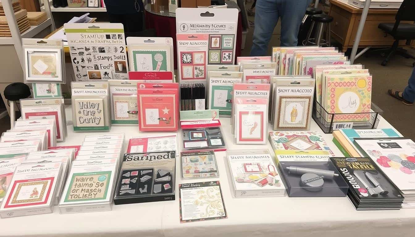 Stampin Up Flohmarkt Tischdisplay mit verschiedenen Stempelsets, Stanzen und Papieren
