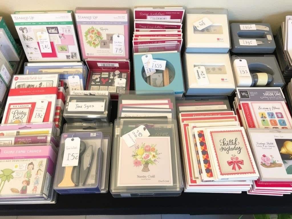 Stampin Up Produkte mit Preisschildern für einen Flohmarkt vorbereitet