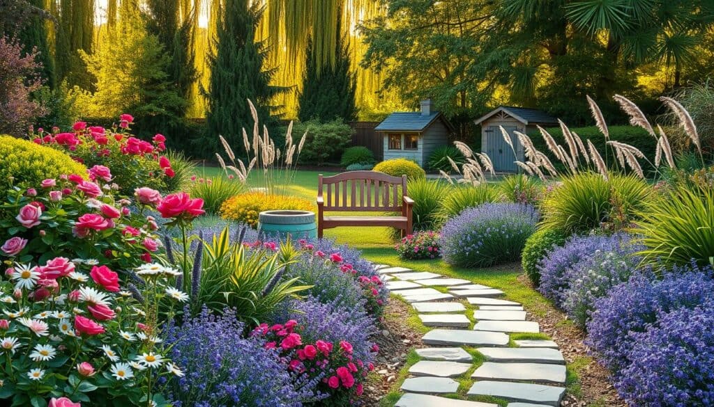A beautifully landscaped small garden, with a lush and vibrant mix of flowering plants, shrubs, and ornamental grasses arranged in a harmonious design. The foreground features a meandering stone path leading through a colorful array of blooms, including roses, lavender, and daisies. In the middle ground, a charming wooden bench sits nestled among the foliage, creating a cozy and inviting seating area. The background showcases a verdant backdrop of tall trees and a glimpse of a quaint garden shed, all bathed in warm, golden sunlight that filters through the leaves. The overall scene conveys a sense of tranquility, with a focus on efficient use of limited space and a visually appealing, low-maintenance garden design.
