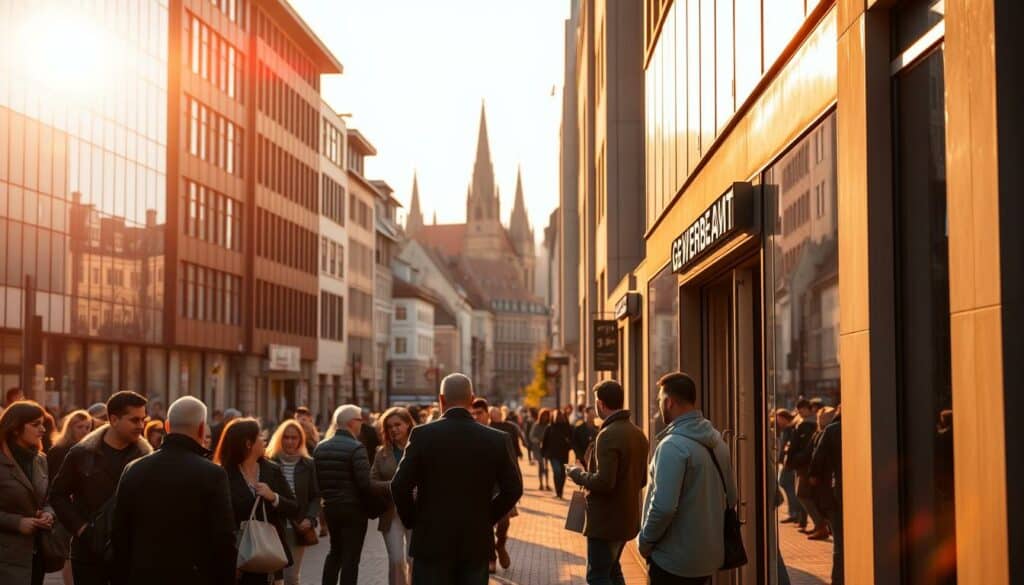 A bustling city street in Hamburg, Germany, bathed in warm, golden sunlight. In the foreground, a group of people stand outside a modern, glass-fronted building with a discreet sign that reads "Gewerbeamt Hamburg". They are engaged in animated conversations, gesturing towards the building's entrance. The middle ground reveals rows of similar office buildings, their facades adorned with sleek, minimalist designs. In the distance, the iconic spires and rooftops of Hamburg's historic city center can be seen, creating a harmonious blend of old and new. The atmosphere conveys a sense of professionalism, efficiency, and civic engagement, reflecting the comprehensive support and guidance offered by the local business registration office. A bustling city street in Hamburg, Germany, bathed in warm, golden sunlight. In the foreground, a group of people stand outside a modern, glass-fronted building with a discreet sign that reads "Gewerbeamt Hamburg". They are engaged in animated conversations, gesturing towards the building's entrance. The middle ground reveals rows of similar office buildings, their facades adorned with sleek, minimalist designs. In the distance, the iconic spires and rooftops of Hamburg's historic city center can be seen, creating a harmonious blend of old and new. The atmosphere conveys a sense of professionalism, efficiency, and civic engagement, reflecting the comprehensive support and guidance offered by the local business registration office.