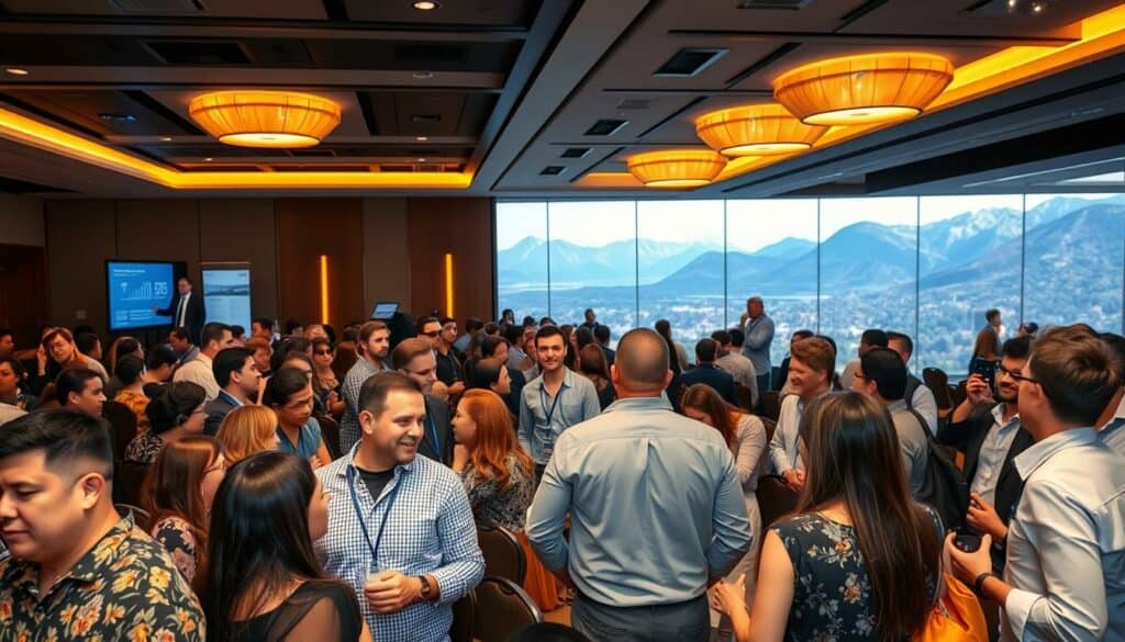A bustling, modern conference hall with rows of attentive attendees engaged in a tourism industry seminar. Warm lighting illuminates the stage, where a charismatic presenter gestures towards a sleek, data-driven presentation. In the foreground, a diverse group of tourism professionals network and exchange ideas, their faces alight with enthusiasm. The background features a panoramic view of a picturesque mountain landscape, hinting at the natural wonders that draw tourists to the region. The overall atmosphere conveys a sense of professional development, collaboration, and a shared dedication to elevating the tourism industry. A bustling, modern conference hall with rows of attentive attendees engaged in a tourism industry seminar. Warm lighting illuminates the stage, where a charismatic presenter gestures towards a sleek, data-driven presentation. In the foreground, a diverse group of tourism professionals network and exchange ideas, their faces alight with enthusiasm. The background features a panoramic view of a picturesque mountain landscape, hinting at the natural wonders that draw tourists to the region. The overall atmosphere conveys a sense of professional development, collaboration, and a shared dedication to elevating the tourism industry.