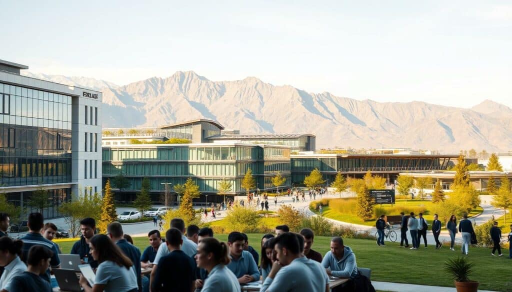 A bustling university campus, its modern buildings and lush green spaces set against a backdrop of towering mountains. In the foreground, groups of students huddle around laptops and whiteboards, engaged in animated discussions. The scene is bathed in warm, natural lighting, conveying a sense of energy and innovation. Sleek, glass-walled structures housing state-of-the-art research labs and startup incubators are visible in the middle ground, highlighting the university's role as a nexus for technological development and entrepreneurship. In the distance, the silhouettes of young professionals can be seen entering and exiting the campus, reflecting the seamless integration of academia and industry. The overall atmosphere is one of collaborative progress, where the next generation of tech leaders are being nurtured and empowered.