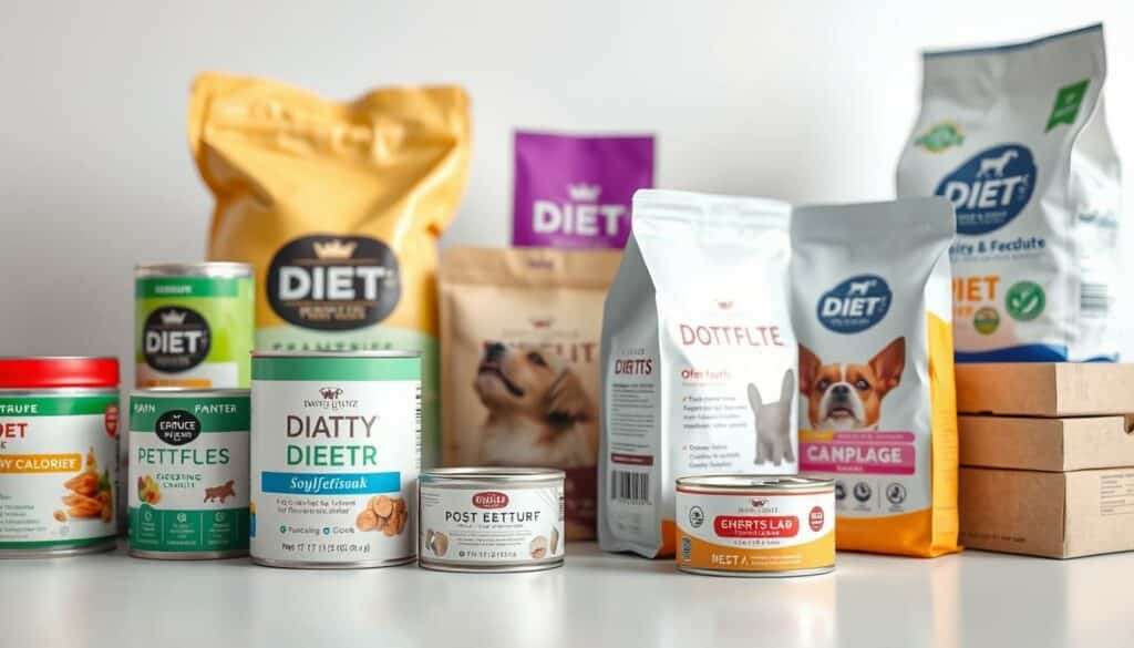 A close-up shot of various pet food packages, including cans, bags, and boxes, on a clean, white background. The packages feature labels and branding that clearly indicate they are specialized "diet" or "low-calorie" formulas for pets, with information about the specific health benefits and nutritional profiles. The lighting is soft and diffused, creating a bright, clinical atmosphere that emphasizes the professional, health-focused nature of the products. The overall composition is well-balanced, with the packages arranged in an aesthetically pleasing manner that draws the viewer's attention to the diversity of diet-specific pet foods available.
