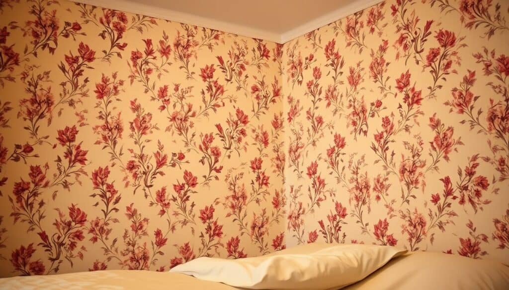 A cozy and inviting bedroom interior, with a beautiful floral wallpaper pattern covering the walls. The wallpaper features delicate, intricate blooms in a soft, muted color palette, creating a serene and calming atmosphere. The lighting is warm and diffused, casting a gentle glow throughout the space. The camera angle captures the wallpaper in a slightly angled, close-up view, highlighting the intricate details and textures of the pattern. The scene conveys a sense of comfort and relaxation, perfectly suited for a peaceful night's sleep.