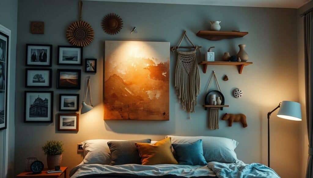 A cozy bedroom with a focal wall adorned with an artful array of unique, handcrafted wall decorations. The centerpiece is a large, abstract canvas painting in earthy tones, complemented by a asymmetrical display of framed photographs, macrame wall hangings, and minimalist wooden shelves showcasing various decorative objects. Soft, diffused lighting from sconces and a floor lamp creates a warm, inviting atmosphere, while the overall composition exudes a sense of personal style and character.