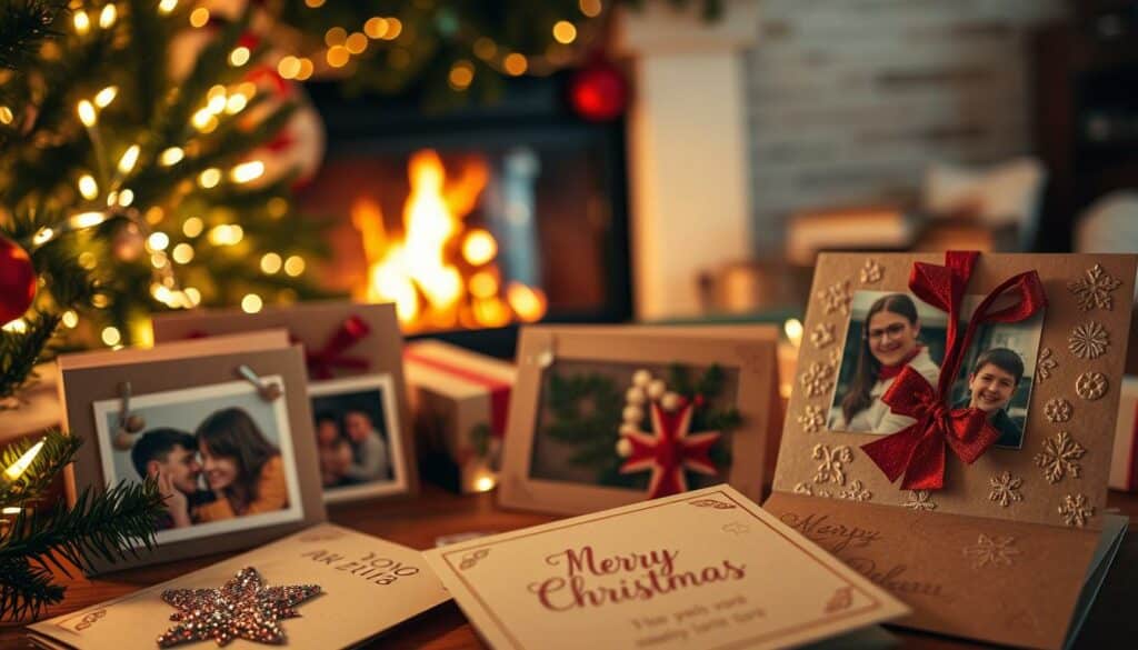 A cozy, festive scene of handmade Christmas cards adorned with personal family photos. In the foreground, carefully arranged photographs showcase cherished moments, framed by a mix of natural greenery and twinkling string lights. The middle ground features the cards themselves, their surfaces textured with homemade elements like glitter, ribbons, and embossed patterns. In the background, a soft, warm glow emanates from a fireplace, casting a gentle light across the intimate setting. The overall atmosphere is one of heartfelt nostalgia and holiday cheer, inviting the viewer to imagine the loving care and creativity poured into these personalized keepsakes. A cozy, festive scene of handmade Christmas cards adorned with personal family photos. In the foreground, carefully arranged photographs showcase cherished moments, framed by a mix of natural greenery and twinkling string lights. The middle ground features the cards themselves, their surfaces textured with homemade elements like glitter, ribbons, and embossed patterns. In the background, a soft, warm glow emanates from a fireplace, casting a gentle light across the intimate setting. The overall atmosphere is one of heartfelt nostalgia and holiday cheer, inviting the viewer to imagine the loving care and creativity poured into these personalized keepsakes.