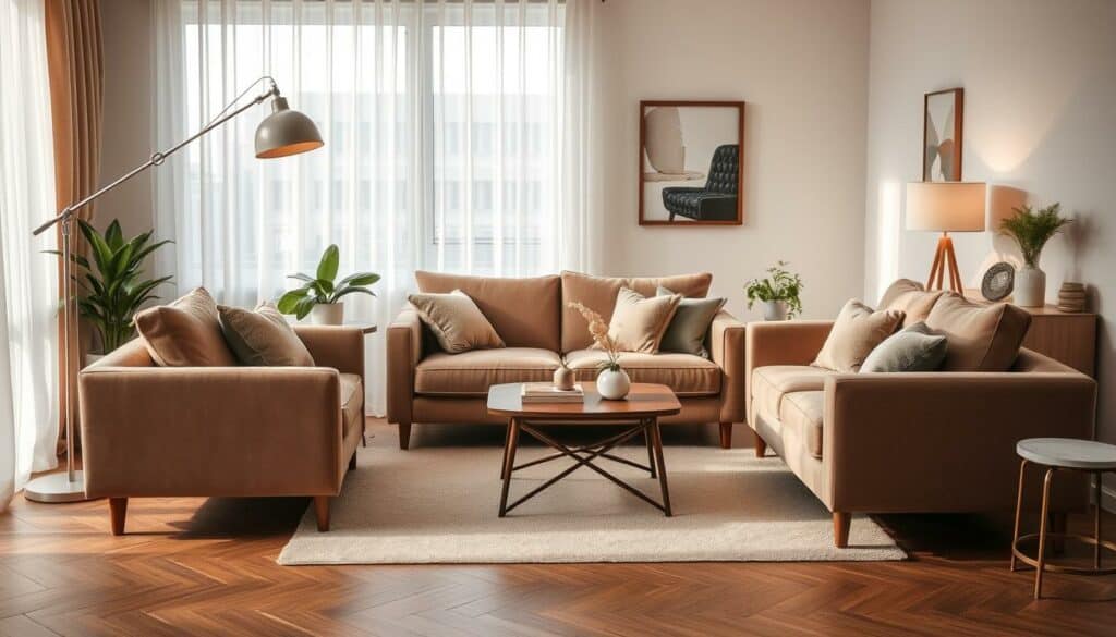 A cozy living room arrangement featuring a plush sofa, armchair, and coffee table positioned in a warm, inviting layout. The furniture is expertly chosen and arranged to create a harmonious and functional space, with careful consideration given to color, texture, and scale. Soft lighting from a floor lamp and natural sunlight filter through sheer curtains, lending a tranquil ambiance. The room is adorned with tasteful decor elements like potted plants and abstract wall art, elevating the overall aesthetic. The scene conveys a sense of comfort and thoughtful design, perfectly capturing the essence of "Möbelauswahl und Anordnung" for a welcoming living area. A cozy living room arrangement featuring a plush sofa, armchair, and coffee table positioned in a warm, inviting layout. The furniture is expertly chosen and arranged to create a harmonious and functional space, with careful consideration given to color, texture, and scale. Soft lighting from a floor lamp and natural sunlight filter through sheer curtains, lending a tranquil ambiance. The room is adorned with tasteful decor elements like potted plants and abstract wall art, elevating the overall aesthetic. The scene conveys a sense of comfort and thoughtful design, perfectly capturing the essence of "Möbelauswahl und Anordnung" for a welcoming living area.