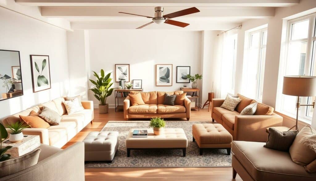 A cozy living room showcasing versatile furniture arrangements for diverse spaces. A well-lit, airy room with warm, natural lighting streaming through large windows, illuminating a range of seating options - from a plush sectional sofa to armchairs and ottomans. Carefully curated decor elements, such as potted plants, framed artwork, and a stylish area rug, create a harmonious and inviting ambiance. The layout prioritizes functionality, flexibility, and personalization, demonstrating how the same living room design can be adapted to suit various room sizes and shapes, from compact city apartments to spacious suburban homes. A cozy living room showcasing versatile furniture arrangements for diverse spaces. A well-lit, airy room with warm, natural lighting streaming through large windows, illuminating a range of seating options - from a plush sectional sofa to armchairs and ottomans. Carefully curated decor elements, such as potted plants, framed artwork, and a stylish area rug, create a harmonious and inviting ambiance. The layout prioritizes functionality, flexibility, and personalization, demonstrating how the same living room design can be adapted to suit various room sizes and shapes, from compact city apartments to spacious suburban homes.
