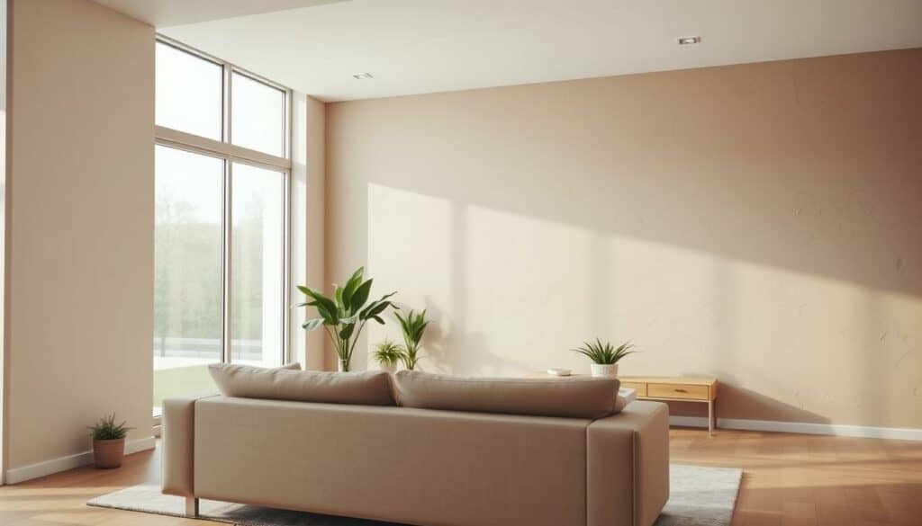 A cozy living room with soft, muted wall colors that create a serene and calming atmosphere. The foreground features a modern, minimalist couch in a neutral tone, positioned to face a large, floor-to-ceiling window that floods the space with natural light. The middle ground showcases a few potted plants and a sleek, wooden side table, while the background reveals a subtle, textured wall in a soothing, earthy hue. The overall scene conveys a sense of tranquility and relaxation, where the carefully chosen wall colors harmonize with the furniture and decor to enhance the room's ambiance. A cozy living room with soft, muted wall colors that create a serene and calming atmosphere. The foreground features a modern, minimalist couch in a neutral tone, positioned to face a large, floor-to-ceiling window that floods the space with natural light. The middle ground showcases a few potted plants and a sleek, wooden side table, while the background reveals a subtle, textured wall in a soothing, earthy hue. The overall scene conveys a sense of tranquility and relaxation, where the carefully chosen wall colors harmonize with the furniture and decor to enhance the room's ambiance.