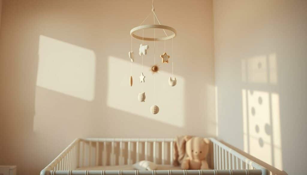 A cozy nursery with a delicate mobile hanging from the ceiling, casting gentle shadows on the walls. The mobile is composed of whimsical shapes and textures, creating a mesmerizing display of light and movement. The room is bathed in soft, warm lighting, creating a serene and inviting atmosphere. The mobile is positioned in the center of the frame, capturing the viewer's attention and drawing them into the peaceful scene. The composition is balanced, with the mobile as the focal point, surrounded by neutral-toned walls and minimal decor, allowing the mobile to shine. The overall effect is one of tranquility and wonder, perfectly capturing the essence of the article's subject and section title. A cozy nursery with a delicate mobile hanging from the ceiling, casting gentle shadows on the walls. The mobile is composed of whimsical shapes and textures, creating a mesmerizing display of light and movement. The room is bathed in soft, warm lighting, creating a serene and inviting atmosphere. The mobile is positioned in the center of the frame, capturing the viewer's attention and drawing them into the peaceful scene. The composition is balanced, with the mobile as the focal point, surrounded by neutral-toned walls and minimal decor, allowing the mobile to shine. The overall effect is one of tranquility and wonder, perfectly capturing the essence of the article's subject and section title.