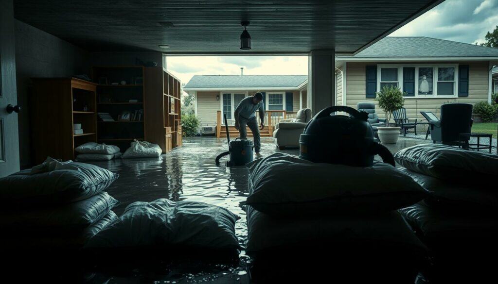 A flooded basement with a homeowner frantically trying to mitigate the damage. In the foreground, sandbags and a wet/dry vacuum are positioned to stem the flow of groundwater seeping in. The middle ground shows shelves and furniture being hastily moved to higher ground. The background depicts the exterior of the home, with storm clouds looming overhead and water pooling around the foundation. The lighting is harsh and dramatic, casting long shadows and emphasizing the urgency of the situation. The overall mood is one of anxious determination as the homeowner works to prevent further flooding and property loss.