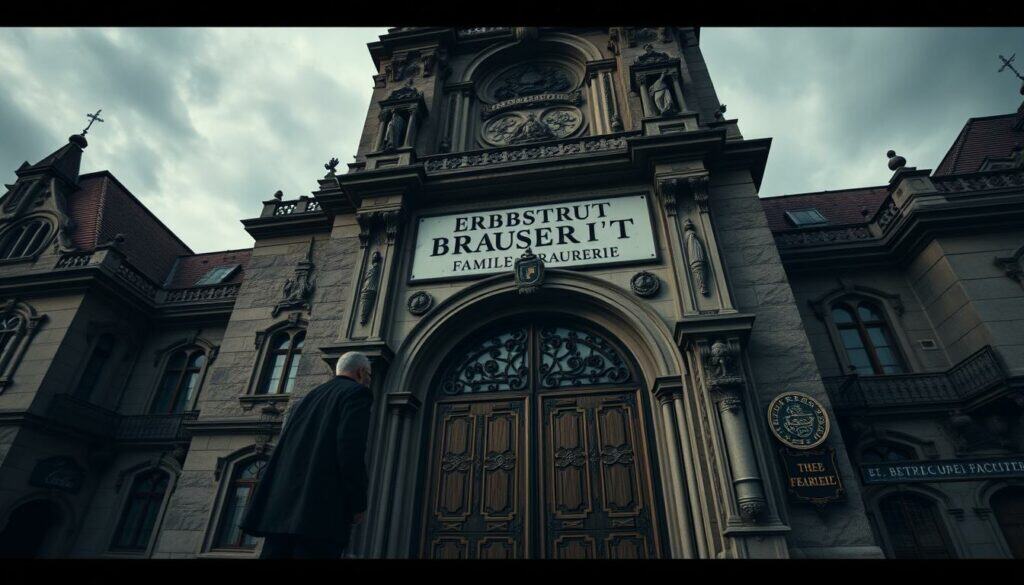 A grand, ornate facade of the Erbstreit Familie Brauerei, a family-owned brewery steeped in generations of tradition. The towering structure, adorned with intricate stone carvings and wrought-iron accents, stands proud against a moody, overcast sky. The entrance is flanked by massive oak doors, hinting at the weight of history and the power dynamics within. In the foreground, a lone figure, cloaked in shadow, contemplates the divide that has fractured this once-unified dynasty. The scene exudes a sense of unease, a narrative of familial discord and the struggle for legacy. Soft, dramatic lighting casts deep shadows, adding to the air of mystery and the weight of the Erbstreit's consequences.