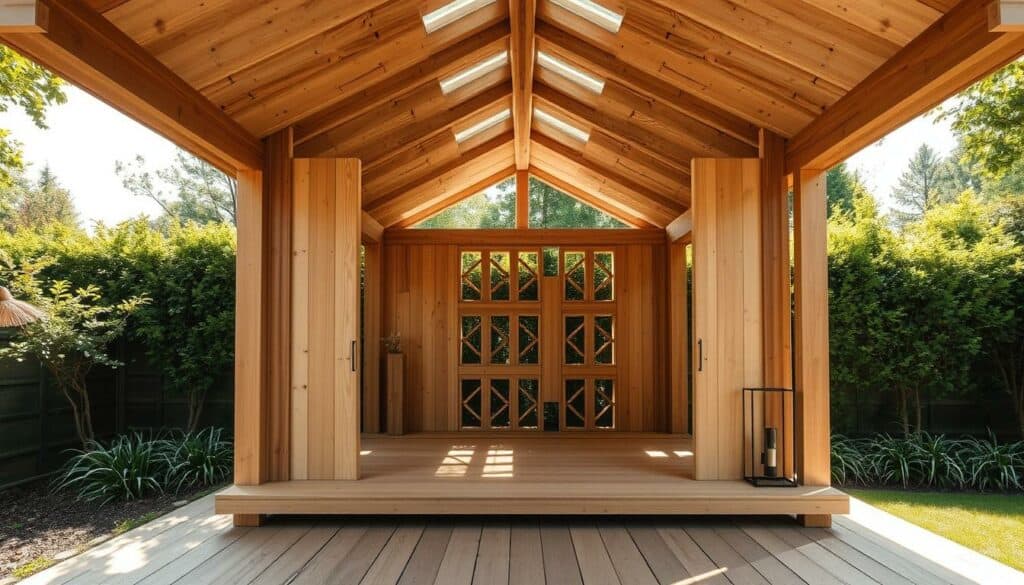 A meticulously crafted wood garden house with an element-based construction system. In the foreground, the modular structure stands proud, its clean lines and precise joinery showcasing the craftsmanship. The middle ground reveals a harmonious arrangement of wooden panels and beams, creating a visually striking geometric pattern. Sunlight filters through the structure, casting warm, soft shadows that add depth and dimension. In the background, a lush, verdant garden provides a natural backdrop, enhancing the sense of tranquility and integration with the outdoors. The overall scene conveys a balance of modern design and rustic charm, perfectly capturing the essence of a handmade wooden garden house. A meticulously crafted wood garden house with an element-based construction system. In the foreground, the modular structure stands proud, its clean lines and precise joinery showcasing the craftsmanship. The middle ground reveals a harmonious arrangement of wooden panels and beams, creating a visually striking geometric pattern. Sunlight filters through the structure, casting warm, soft shadows that add depth and dimension. In the background, a lush, verdant garden provides a natural backdrop, enhancing the sense of tranquility and integration with the outdoors. The overall scene conveys a balance of modern design and rustic charm, perfectly capturing the essence of a handmade wooden garden house.