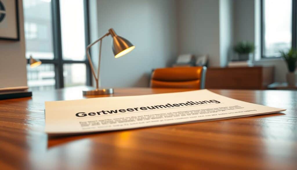 A meticulously detailed office scene depicting a "Gewerbeummeldung" document. The foreground features the official form, its contents clearly legible, placed on a polished wooden desk. In the middle ground, a professional-looking desk lamp casts a warm glow, highlighting the document's importance. The background showcases a minimalist office interior, with clean lines, neutral tones, and a large window allowing natural light to flood the space, creating a sense of professionalism and efficiency. The overall mood is one of order, bureaucracy, and the serious nature of business administration. The camera angle is slightly elevated, giving the viewer a sense of authority and the gravity of the administrative process. A meticulously detailed office scene depicting a "Gewerbeummeldung" document. The foreground features the official form, its contents clearly legible, placed on a polished wooden desk. In the middle ground, a professional-looking desk lamp casts a warm glow, highlighting the document's importance. The background showcases a minimalist office interior, with clean lines, neutral tones, and a large window allowing natural light to flood the space, creating a sense of professionalism and efficiency. The overall mood is one of order, bureaucracy, and the serious nature of business administration. The camera angle is slightly elevated, giving the viewer a sense of authority and the gravity of the administrative process.