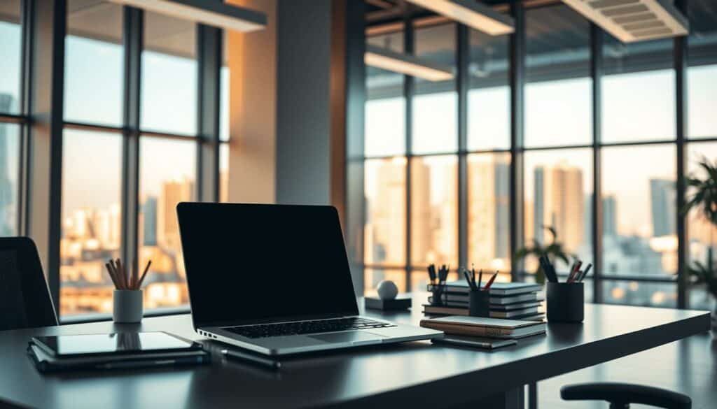 A modern, clean-looking office workspace with a well-organized desk featuring a laptop, digital tablet, and various office supplies. The background showcases large windows overlooking a cityscape, bathed in warm, natural lighting. The overall atmosphere conveys a sense of productivity, efficiency, and technological innovation. The scene is presented from a slightly elevated, three-quarter angle to highlight the digital tools and emphasize the idea of "solutions for digitalization."