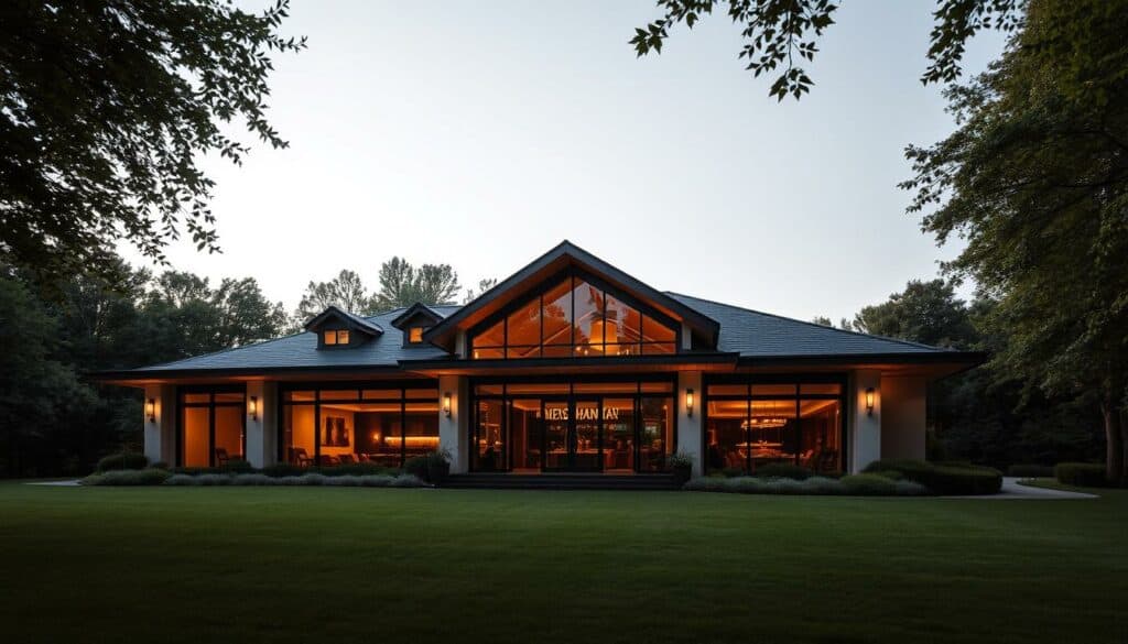 A modern, elegant clubhouse nestled amidst lush greenery. The Feldschlösschen Club stands proudly, its façade adorned with warm lighting and sleek architectural details. Through its large windows, glimpses of a sophisticated lounge can be seen, hinting at the refined atmosphere within. The manicured lawn and surrounding trees create a serene, park-like setting, inviting guests to relax and unwind. A subtle, inviting ambiance permeates the scene, conveying a sense of refined leisure and social gathering, yet without the overt presence of alcohol. This image captures the club's role as a hub for social interaction and community engagement, distinct from its traditional beer-centric identity.