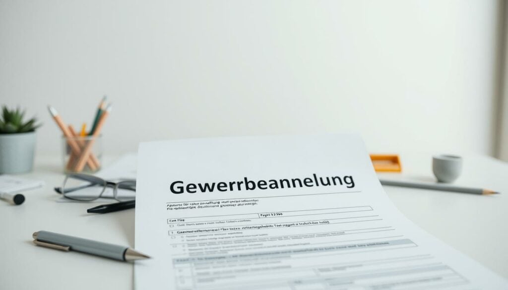 A modern, minimalist business document with a clean, professional aesthetic. In the foreground, a neatly organized application form titled "Gewerbeanmeldung" with clean typography and strategic use of negative space. In the middle ground, a desk surface with a pen, ruler, and other office supplies, suggesting a sense of organization and attention to detail. The background features a neutral, light-colored wall, creating a bright, airy atmosphere. The lighting is soft and diffused, emphasizing the formal, official nature of the document. The composition is well-balanced, with a focus on the central document, conveying a sense of clarity and purpose. A modern, minimalist business document with a clean, professional aesthetic. In the foreground, a neatly organized application form titled "Gewerbeanmeldung" with clean typography and strategic use of negative space. In the middle ground, a desk surface with a pen, ruler, and other office supplies, suggesting a sense of organization and attention to detail. The background features a neutral, light-colored wall, creating a bright, airy atmosphere. The lighting is soft and diffused, emphasizing the formal, official nature of the document. The composition is well-balanced, with a focus on the central document, conveying a sense of clarity and purpose.