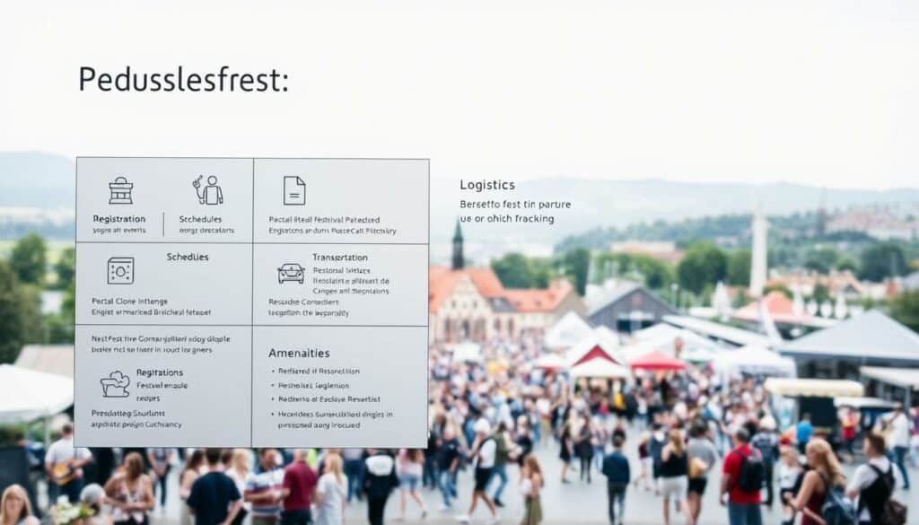 A modern, minimalist information display showcasing practical details for Bundesfest attendees. The foreground features a clean grid layout with icons and concise text outlining key event logistics - registration, schedules, transportation, and amenities. The middle ground depicts the vibrant festival grounds, with traditional architecture and crowds of people milling about. In the background, a serene landscape frames the scene, perhaps rolling hills or a historic city skyline. The lighting is soft and diffused, creating an inviting atmosphere. The overall composition conveys a sense of organization and thoughtful planning to help guests navigate the festivities seamlessly.