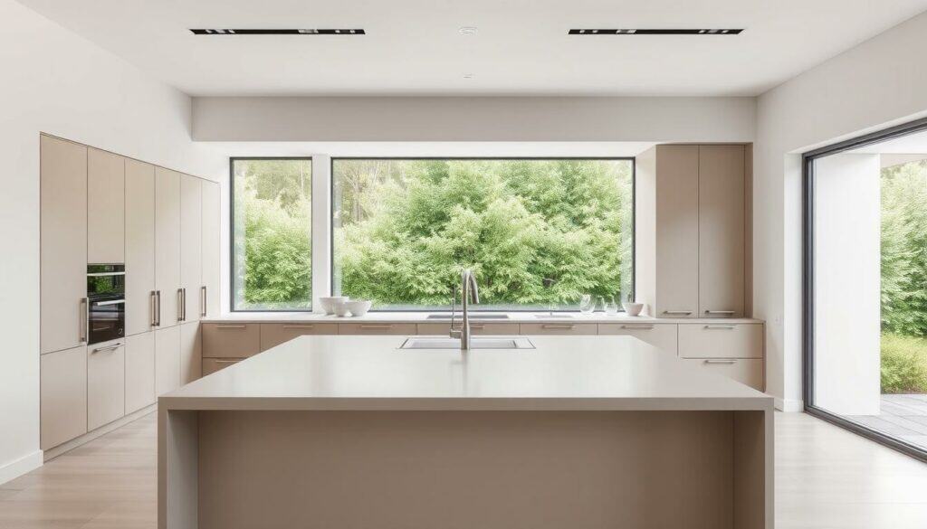 A modern, minimalist kitchen with clean lines and a sleek, contemporary design. The foreground features a large central island with a smooth, light-colored countertop and a simple, streamlined design. The middle ground showcases a row of tall, built-in cabinets with subtle, muted-tone fronts and concealed hardware. The background highlights a large, floor-to-ceiling window that floods the space with natural light, offering a panoramic view of a lush, verdant garden outside. The overall atmosphere is one of understated elegance, with a focus on functionality and a harmonious balance between form and function.