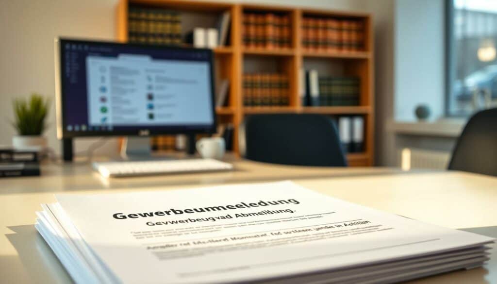 A modern office desk with a stack of official government forms and documents labeled "Gewerbeummeldung und Abmeldung" in the foreground. The desk is illuminated by a warm, soft light from a nearby window, casting gentle shadows across the papers. In the middle ground, a computer monitor displays relevant information, while behind it, a bookshelf with legal reference materials adds a sense of professionalism and authority. The overall atmosphere conveys a sense of diligence, attention to detail, and the helpful guidance offered by the Gewerbeamt Berlin to local businesses. A modern office desk with a stack of official government forms and documents labeled "Gewerbeummeldung und Abmeldung" in the foreground. The desk is illuminated by a warm, soft light from a nearby window, casting gentle shadows across the papers. In the middle ground, a computer monitor displays relevant information, while behind it, a bookshelf with legal reference materials adds a sense of professionalism and authority. The overall atmosphere conveys a sense of diligence, attention to detail, and the helpful guidance offered by the Gewerbeamt Berlin to local businesses.