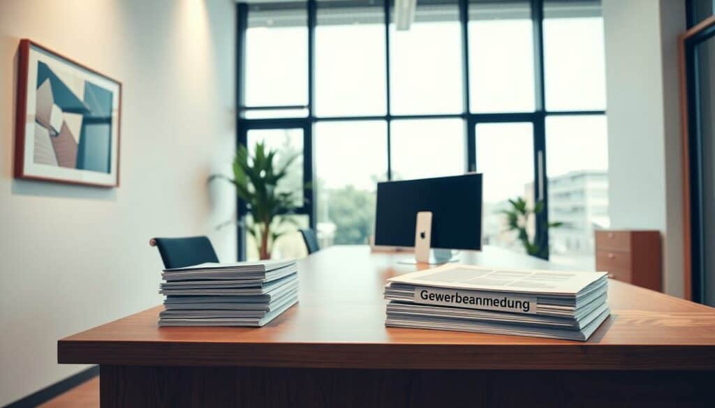 A modern office interior with a large wooden desk, a computer monitor, and a stack of documents labeled "Gewerbeanmeldung". The desk is situated in front of a floor-to-ceiling window, allowing natural light to pour in and create a warm, professional ambiance. The walls are adorned with minimalist artwork, and a potted plant in the corner adds a touch of nature to the space. The scene is captured with a wide-angle lens, emphasizing the sense of space and emphasizing the importance of the Gewerbeanmeldung process. The overall mood is one of efficiency, organization, and a commitment to providing a seamless experience for local businesses. A modern office interior with a large wooden desk, a computer monitor, and a stack of documents labeled "Gewerbeanmeldung". The desk is situated in front of a floor-to-ceiling window, allowing natural light to pour in and create a warm, professional ambiance. The walls are adorned with minimalist artwork, and a potted plant in the corner adds a touch of nature to the space. The scene is captured with a wide-angle lens, emphasizing the sense of space and emphasizing the importance of the Gewerbeanmeldung process. The overall mood is one of efficiency, organization, and a commitment to providing a seamless experience for local businesses.