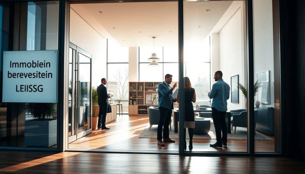 A modern, professional-looking real estate office in Leipzig, Germany. The exterior features clean lines, large windows, and a sleek, minimalist design. The entrance is framed by a minimalist signage with the "Immobilienbewertung Leipzig" text. The interior is bright and airy, with high ceilings, polished hardwood floors, and modern furniture. Real estate agents are engaged with clients, discussing property details. Sunlight streams in through the windows, creating a warm, welcoming atmosphere. The overall scene conveys a sense of expertise, efficiency, and customer-focused service in the local real estate market.