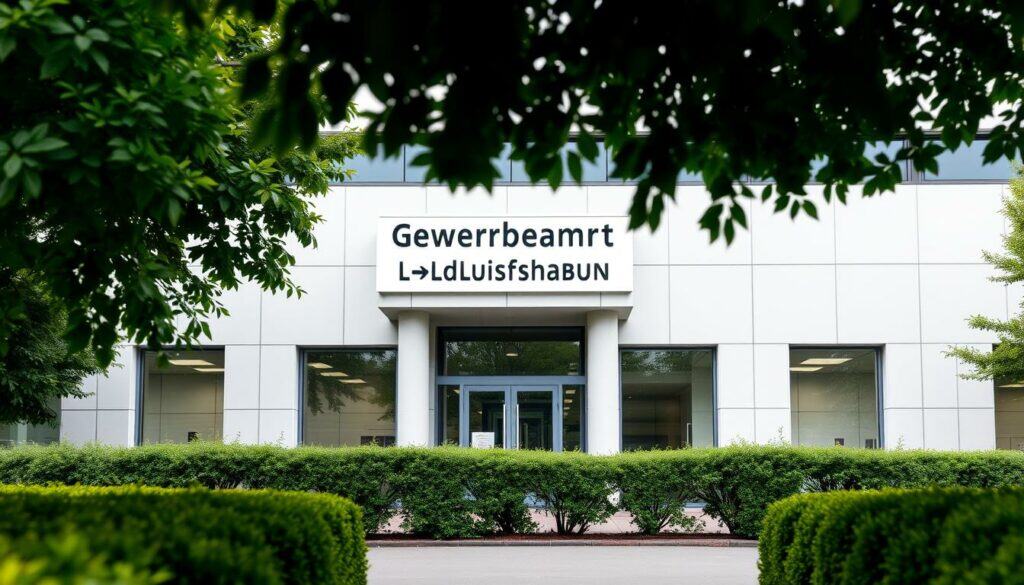 A modern, well-designed Gewerbeamt building in Ludwigshafen, Germany, with a clean, minimalist facade and large windows that let in natural light. The front entrance is flanked by sturdy pillars and features a prominently displayed sign with the name "Gewerbeamt Ludwigshafen" in a bold, legible font. The building is set against a backdrop of lush greenery, with neatly manicured shrubbery and trees framing the scene. The atmosphere is professional and welcoming, conveying a sense of efficiency and civic pride. The image is captured from a slightly elevated angle, using a wide-angle lens to showcase the building's architectural details and its harmonious integration with the surrounding environment.