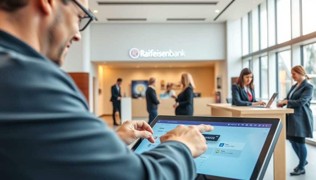 A modern, well-lit interior of a Raiffeisenbank branch, showcasing the latest e-banking technology. In the foreground, a customer uses a sleek touchscreen interface to effortlessly manage their finances, the screen displaying a clean, intuitive dashboard. In the middle ground, bank employees assist other customers, their friendly demeanors and attentive body language conveying the bank's commitment to personalized service. The background features floor-to-ceiling windows, allowing natural light to flood the space and create a warm, inviting atmosphere. Subtle branding elements, such as the Raiffeisenbank logo, are tastefully integrated throughout, reinforcing the institution's reputation for innovation and customer-centric banking. A modern, well-lit interior of a Raiffeisenbank branch, showcasing the latest e-banking technology. In the foreground, a customer uses a sleek touchscreen interface to effortlessly manage their finances, the screen displaying a clean, intuitive dashboard. In the middle ground, bank employees assist other customers, their friendly demeanors and attentive body language conveying the bank's commitment to personalized service. The background features floor-to-ceiling windows, allowing natural light to flood the space and create a warm, inviting atmosphere. Subtle branding elements, such as the Raiffeisenbank logo, are tastefully integrated throughout, reinforcing the institution's reputation for innovation and customer-centric banking.