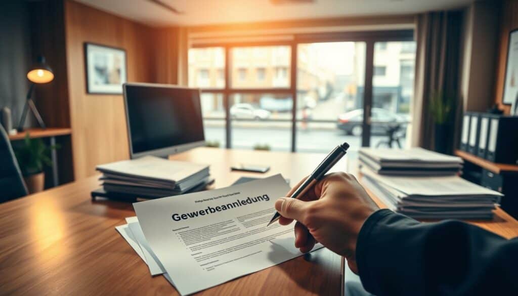 A modern, well-organized office interior with a sturdy wooden desk, a computer monitor, and a stack of official-looking documents. The lighting is warm and inviting, casting a soft glow over the scene. In the foreground, a hand is reaching towards a pen, poised to fill out a form labeled "Gewerbeanmeldung". The background features a large window overlooking a bustling city street, hinting at the bureaucratic nature of the task at hand. The overall atmosphere conveys a sense of professionalism and efficiency, reflecting the practical steps involved in the business registration process. A modern, well-organized office interior with a sturdy wooden desk, a computer monitor, and a stack of official-looking documents. The lighting is warm and inviting, casting a soft glow over the scene. In the foreground, a hand is reaching towards a pen, poised to fill out a form labeled "Gewerbeanmeldung". The background features a large window overlooking a bustling city street, hinting at the bureaucratic nature of the task at hand. The overall atmosphere conveys a sense of professionalism and efficiency, reflecting the practical steps involved in the business registration process.