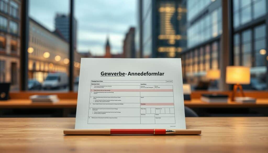 A neatly organized business registration form titled "Gewerbe-Anmeldeformular" occupies the center of the frame. The form is displayed on a well-lit wooden desk, with a warm, professional atmosphere. The background features a blurred cityscape of Bremen, suggesting the form's connection to the local business environment. The lighting is soft and indirect, creating a sense of clarity and attention to detail. The composition is balanced, with the form taking up a significant portion of the image, conveying its importance. The overall mood is one of efficiency, organization, and the support offered by the Gewerbeamt Bremen to new businesses.