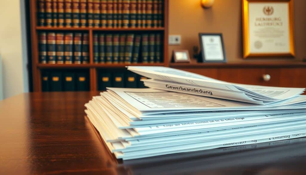 A neatly organized stack of official-looking documents and forms, casting warm, diffused lighting across a polished wooden desk. The papers are labeled "Gewerbeanmeldung" and display details like application forms, checklists, and instructions. In the background, a bookshelf filled with legal volumes and a framed certificate suggest an authoritative, professional setting. The composition conveys a sense of order, diligence, and the administrative process involved in starting a new business venture in Hamburg. A neatly organized stack of official-looking documents and forms, casting warm, diffused lighting across a polished wooden desk. The papers are labeled "Gewerbeanmeldung" and display details like application forms, checklists, and instructions. In the background, a bookshelf filled with legal volumes and a framed certificate suggest an authoritative, professional setting. The composition conveys a sense of order, diligence, and the administrative process involved in starting a new business venture in Hamburg.