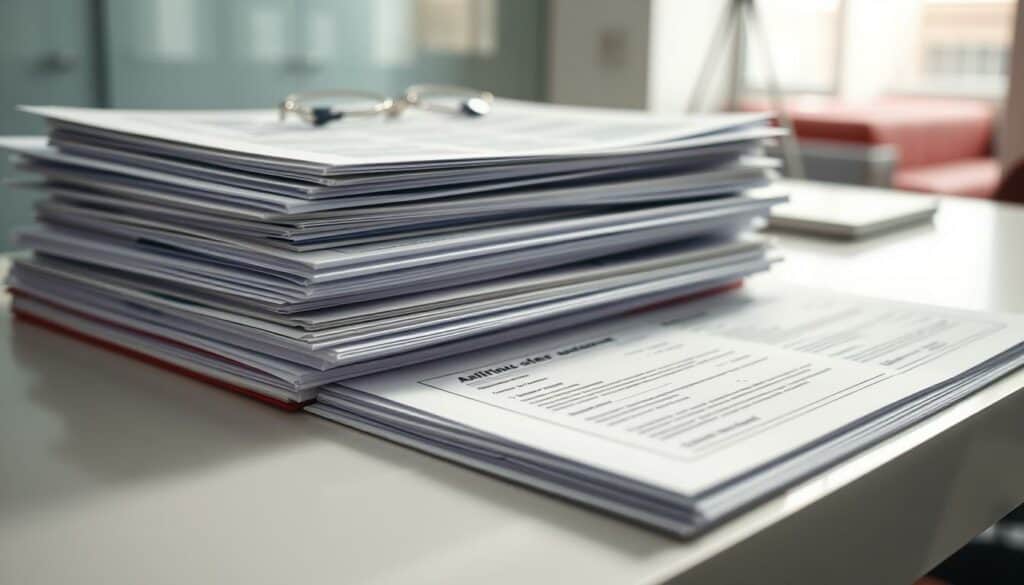 A neatly organized stack of official-looking documents, including application forms, certificates, and ID cards, resting on a clean, well-lit desk. The lighting is soft and even, creating a professional, authoritative atmosphere. The camera is positioned at a slight angle, capturing the documents in a clear, detailed manner. The background is blurred, keeping the focus on the essential paperwork required for a business registration. The overall impression is one of efficiency, competence, and attention to detail, reflecting the importance of properly preparing the necessary Unterlagen for a Gewerbeanmeldung. A neatly organized stack of official-looking documents, including application forms, certificates, and ID cards, resting on a clean, well-lit desk. The lighting is soft and even, creating a professional, authoritative atmosphere. The camera is positioned at a slight angle, capturing the documents in a clear, detailed manner. The background is blurred, keeping the focus on the essential paperwork required for a business registration. The overall impression is one of efficiency, competence, and attention to detail, reflecting the importance of properly preparing the necessary Unterlagen for a Gewerbeanmeldung.