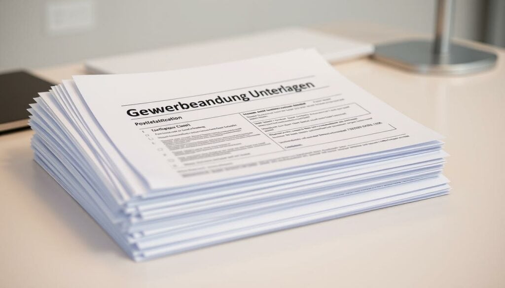 A neatly organized stack of official-looking documents labeled "Gewerbeanmeldung Unterlagen" rests on a clean, well-lit desk. The pages feature detailed forms, checklists, and instructions in a classic, bureaucratic style. A professional, neutral-toned color palette and crisp, high-resolution photography create a sense of authority and importance. The composition emphasizes the documents as the focal point, with a slight depth of field blurring the background to draw the viewer's attention. The overall mood is one of efficiency, precision, and the essential requirements for properly registering a new business. A neatly organized stack of official-looking documents labeled "Gewerbeanmeldung Unterlagen" rests on a clean, well-lit desk. The pages feature detailed forms, checklists, and instructions in a classic, bureaucratic style. A professional, neutral-toned color palette and crisp, high-resolution photography create a sense of authority and importance. The composition emphasizes the documents as the focal point, with a slight depth of field blurring the background to draw the viewer's attention. The overall mood is one of efficiency, precision, and the essential requirements for properly registering a new business.