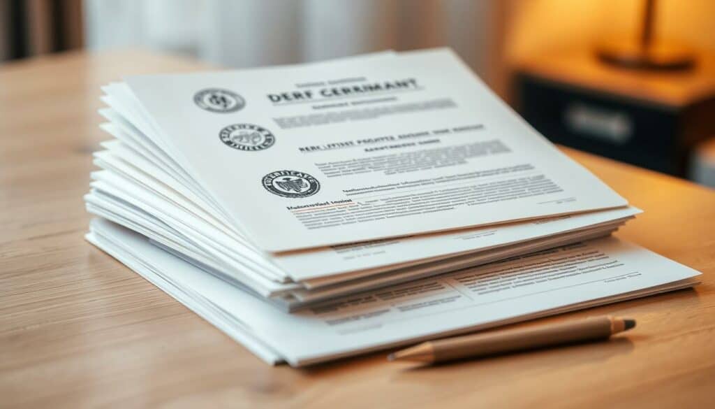 A neatly organized stack of official-looking documents resting on a wooden desk, illuminated by soft, warm lighting. The documents feature various German government seals, stamps, and headers, conveying the formal and authoritative nature of a business registration application. The desk is clean and uncluttered, with a simple pen or pencil nearby, creating a sense of professionalism and efficiency. The background is slightly blurred, focusing the viewer's attention on the important paperwork at hand. The overall mood is one of seriousness and attention to detail, perfectly capturing the essence of the "Erforderliche Unterlagen für die Gewerbeanmeldung" section. A neatly organized stack of official-looking documents resting on a wooden desk, illuminated by soft, warm lighting. The documents feature various German government seals, stamps, and headers, conveying the formal and authoritative nature of a business registration application. The desk is clean and uncluttered, with a simple pen or pencil nearby, creating a sense of professionalism and efficiency. The background is slightly blurred, focusing the viewer's attention on the important paperwork at hand. The overall mood is one of seriousness and attention to detail, perfectly capturing the essence of the "Erforderliche Unterlagen für die Gewerbeanmeldung" section.