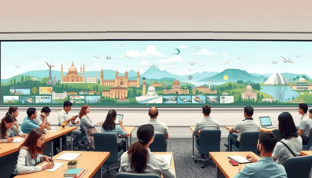 A panoramic, high-resolution illustration depicting the training process for the tourism industry. In the foreground, a group of students in a classroom setting, engaged in various learning activities such as taking notes, discussing case studies, and participating in interactive presentations. In the middle ground, a sequence of images showcasing the different stages of the training program, including internships, field trips, and practical workshops. In the background, a scenic landscape representing the diverse destinations and experiences that the tourism industry encompasses, with landmarks, natural landscapes, and cultural elements. The overall scene conveys a sense of dynamism, professionalism, and the comprehensive nature of the tourism training curriculum, with a focus on preparing students for successful careers in the industry. A panoramic, high-resolution illustration depicting the training process for the tourism industry. In the foreground, a group of students in a classroom setting, engaged in various learning activities such as taking notes, discussing case studies, and participating in interactive presentations. In the middle ground, a sequence of images showcasing the different stages of the training program, including internships, field trips, and practical workshops. In the background, a scenic landscape representing the diverse destinations and experiences that the tourism industry encompasses, with landmarks, natural landscapes, and cultural elements. The overall scene conveys a sense of dynamism, professionalism, and the comprehensive nature of the tourism training curriculum, with a focus on preparing students for successful careers in the industry.