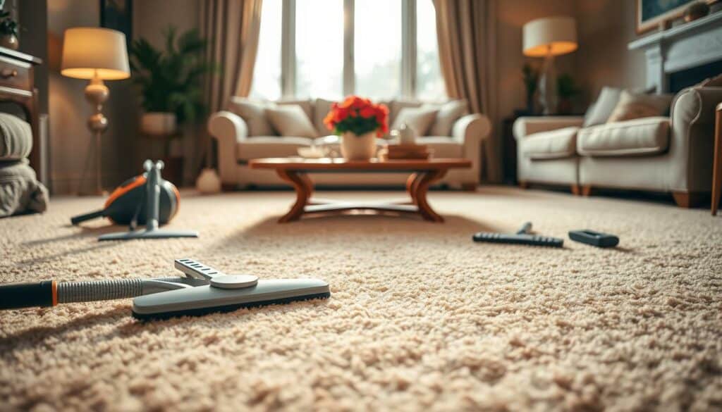 A pristine, well-maintained carpet in a cozy, inviting living room. Soft, plush fibers in a rich, earthy hue glow in the warm, ambient lighting, capturing the essence of premium carpet care. In the foreground, a variety of cleaning tools and accessories neatly arranged, suggesting the meticulous attention to detail required for professional carpet maintenance. The middle ground features a stylish, wooden coffee table, complementing the elegant, traditional décor. In the background, a large window allows natural light to filter in, creating a serene, tranquil atmosphere. The overall scene conveys the care and expertise needed to preserve the beauty and longevity of a cherished carpet. A pristine, well-maintained carpet in a cozy, inviting living room. Soft, plush fibers in a rich, earthy hue glow in the warm, ambient lighting, capturing the essence of premium carpet care. In the foreground, a variety of cleaning tools and accessories neatly arranged, suggesting the meticulous attention to detail required for professional carpet maintenance. The middle ground features a stylish, wooden coffee table, complementing the elegant, traditional décor. In the background, a large window allows natural light to filter in, creating a serene, tranquil atmosphere. The overall scene conveys the care and expertise needed to preserve the beauty and longevity of a cherished carpet.