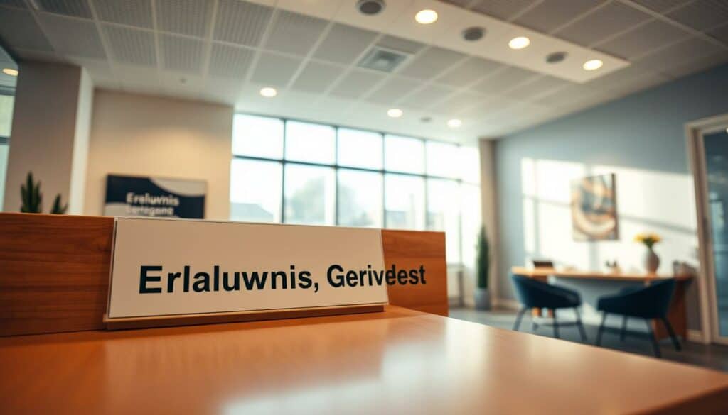 A professional office interior with a prominent "Erlaubnis Gewerbeamt" sign on the reception desk. The desk is made of polished wood, with a modern, minimalist design. The lighting is warm and inviting, with a mix of natural sunlight filtering through large windows and subtle, recessed lighting fixtures. The walls are a neutral, calming color, with a few pieces of contemporary art or photography adding visual interest. The overall atmosphere conveys a sense of efficiency, professionalism, and approachability, reflecting the services offered by the Gewerbeamt. The camera angle is slightly elevated, providing a clear view of the space and emphasizing the centrality of the "Erlaubnis Gewerbeamt" sign. A professional office interior with a prominent "Erlaubnis Gewerbeamt" sign on the reception desk. The desk is made of polished wood, with a modern, minimalist design. The lighting is warm and inviting, with a mix of natural sunlight filtering through large windows and subtle, recessed lighting fixtures. The walls are a neutral, calming color, with a few pieces of contemporary art or photography adding visual interest. The overall atmosphere conveys a sense of efficiency, professionalism, and approachability, reflecting the services offered by the Gewerbeamt. The camera angle is slightly elevated, providing a clear view of the space and emphasizing the centrality of the "Erlaubnis Gewerbeamt" sign.