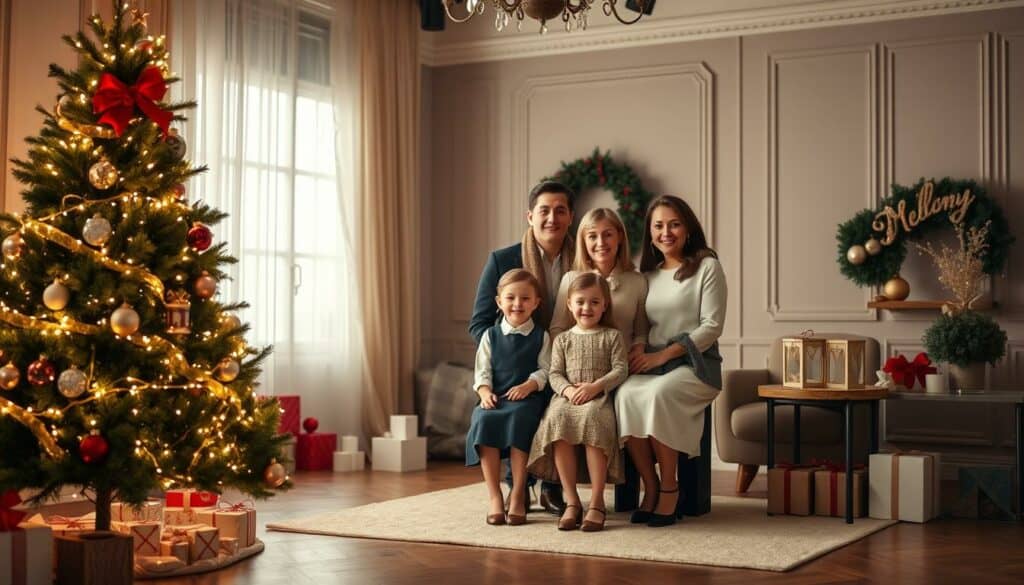 A refined, elegant studio setting with soft, warm lighting illuminating a family group posing for a professional Christmas photo shoot. The foreground features a tastefully decorated holiday scene with a lush, full-bodied Christmas tree, twinkling fairy lights, and carefully curated festive props. The subjects, dressed in formal attire, are positioned thoughtfully to create a harmonious, visually striking composition. The middle ground showcases the family's warm, joyful expressions as they gaze directly at the camera. The background is blurred, emphasizing the focus on the subjects. The overall mood is one of timeless sophistication and holiday cheer. A refined, elegant studio setting with soft, warm lighting illuminating a family group posing for a professional Christmas photo shoot. The foreground features a tastefully decorated holiday scene with a lush, full-bodied Christmas tree, twinkling fairy lights, and carefully curated festive props. The subjects, dressed in formal attire, are positioned thoughtfully to create a harmonious, visually striking composition. The middle ground showcases the family's warm, joyful expressions as they gaze directly at the camera. The background is blurred, emphasizing the focus on the subjects. The overall mood is one of timeless sophistication and holiday cheer.