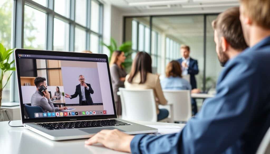 A scene contrasting online and in-person sales training, captured in a bright, modern office setting. In the foreground, a laptop displays a virtual training session, with a presenter speaking to a remote audience. In the middle ground, a group of trainees engage in a hands-on role-playing exercise, supervised by an instructor. The background features large windows, allowing natural light to flood the space and create a sense of openness and collaboration. The composition emphasizes the different approaches to sales training, with the online and in-person methods juxtaposed to highlight their unique advantages and challenges.