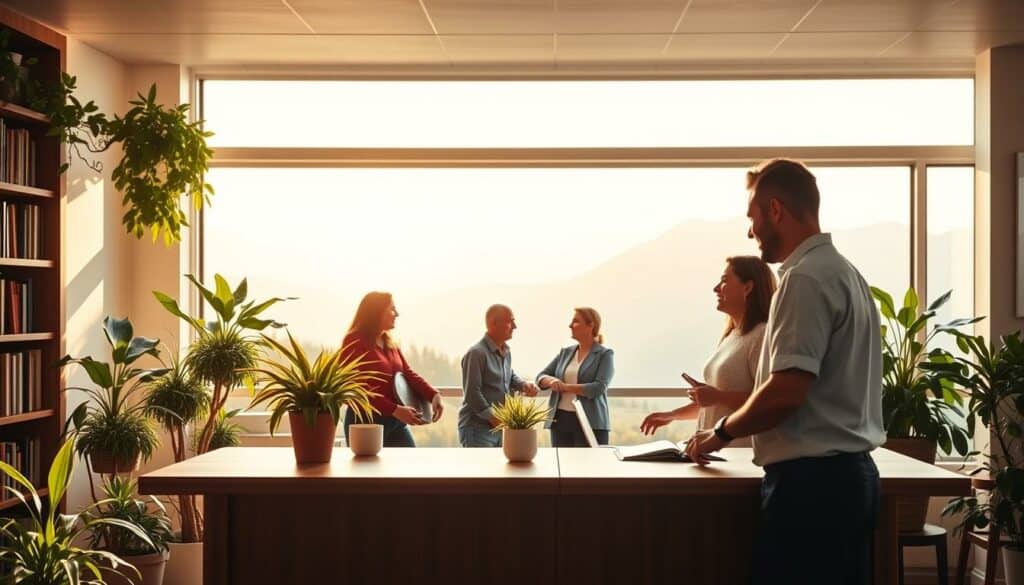 A serene and harmonious scene depicting the cooperative values of Raiffeisen bank. In the foreground, a warm and inviting interior with a wooden desk, surrounded by lush potted plants and bookshelves. The mid-ground features a group of people engaged in friendly conversation, their expressions conveying a sense of trust and understanding. The background showcases a panoramic view of a picturesque alpine landscape, bathed in soft, natural lighting that imbues the scene with a feeling of tranquility and proximity to nature. The overall composition evokes a strong sense of community, fairness, and the bank's commitment to its local roots. A serene and harmonious scene depicting the cooperative values of Raiffeisen bank. In the foreground, a warm and inviting interior with a wooden desk, surrounded by lush potted plants and bookshelves. The mid-ground features a group of people engaged in friendly conversation, their expressions conveying a sense of trust and understanding. The background showcases a panoramic view of a picturesque alpine landscape, bathed in soft, natural lighting that imbues the scene with a feeling of tranquility and proximity to nature. The overall composition evokes a strong sense of community, fairness, and the bank's commitment to its local roots.