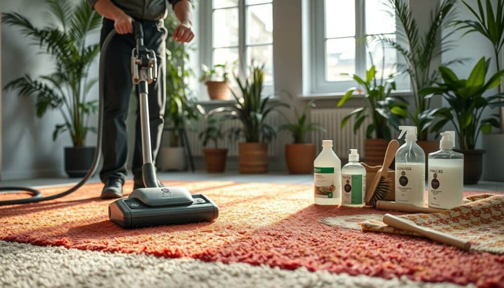 A serene, well-lit interior showcases an eco-friendly carpet cleaning service in Munich. In the foreground, a cleaning technician uses a state-of-the-art, energy-efficient machine to gently lift dirt and stains from a plush, vibrant rug. The middle ground features an assortment of natural, biodegradable cleaning solutions and brushes. In the background, lush potted plants and large windows create a calming, sustainable atmosphere. The lighting is soft and diffused, accentuating the natural tones and textures of the environment. The overall scene conveys a sense of environmental responsibility and attention to detail in professional carpet cleaning. A serene, well-lit interior showcases an eco-friendly carpet cleaning service in Munich. In the foreground, a cleaning technician uses a state-of-the-art, energy-efficient machine to gently lift dirt and stains from a plush, vibrant rug. The middle ground features an assortment of natural, biodegradable cleaning solutions and brushes. In the background, lush potted plants and large windows create a calming, sustainable atmosphere. The lighting is soft and diffused, accentuating the natural tones and textures of the environment. The overall scene conveys a sense of environmental responsibility and attention to detail in professional carpet cleaning.