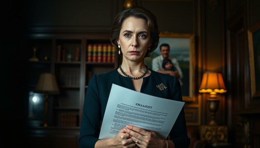 A somber, elegantly dressed woman stands in a dimly lit, richly furnished room, her gaze fixed and resolute. She holds a legal document, the contents of which have clearly weighed heavily upon her. The lighting casts dramatic shadows, creating a palpable sense of gravity and unease. In the background, a looming bookshelf and opulent decor suggest the trappings of wealth and power, hinting at the complex family dynamics and personal sacrifice at the heart of this scene. The overall mood is one of quiet contemplation, tinged with a hint of melancholy and the weight of a difficult decision.