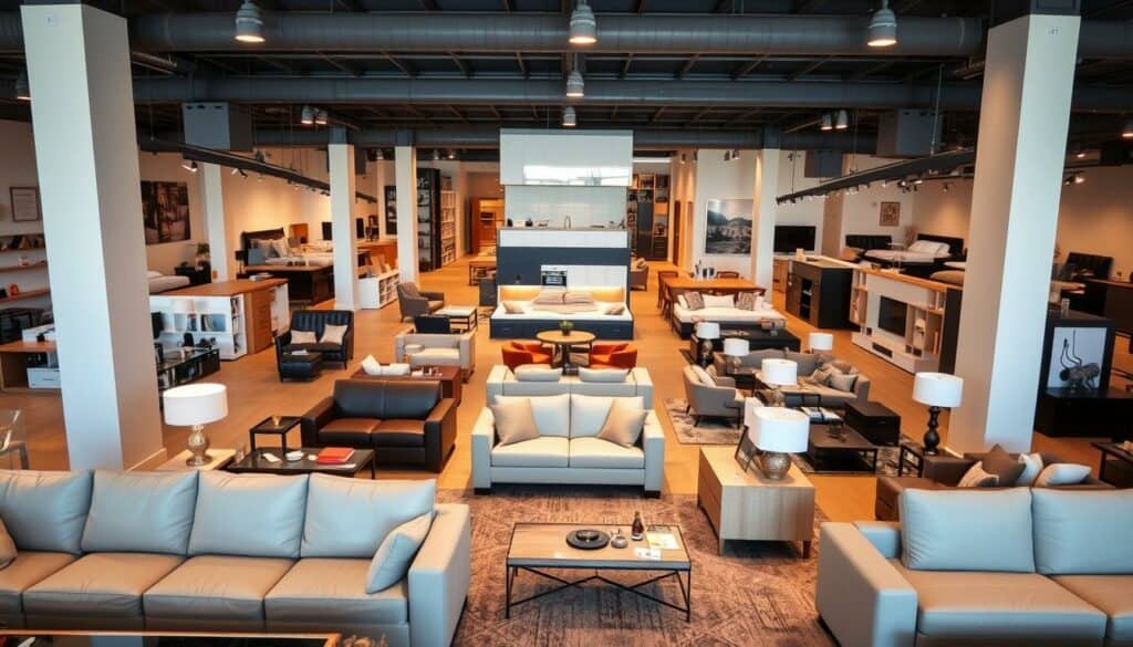 A spacious and well-lit modern showroom, filled with an impressive array of furniture and home decor. In the foreground, a display of sleek and stylish living room sets, ranging from plush sofas to elegant side tables. The middle ground showcases a variety of bedroom furnishings, including beds, dressers, and nightstands, all in a harmonious color palette. Towards the back, a vibrant kitchen area features a selection of contemporary cabinets, countertops, and appliances. The lighting is warm and inviting, creating a welcoming atmosphere that inspires the visitor to imagine how these products could transform their own living spaces. The overall scene conveys a sense of abundance, quality, and design excellence. A spacious and well-lit modern showroom, filled with an impressive array of furniture and home decor. In the foreground, a display of sleek and stylish living room sets, ranging from plush sofas to elegant side tables. The middle ground showcases a variety of bedroom furnishings, including beds, dressers, and nightstands, all in a harmonious color palette. Towards the back, a vibrant kitchen area features a selection of contemporary cabinets, countertops, and appliances. The lighting is warm and inviting, creating a welcoming atmosphere that inspires the visitor to imagine how these products could transform their own living spaces. The overall scene conveys a sense of abundance, quality, and design excellence.