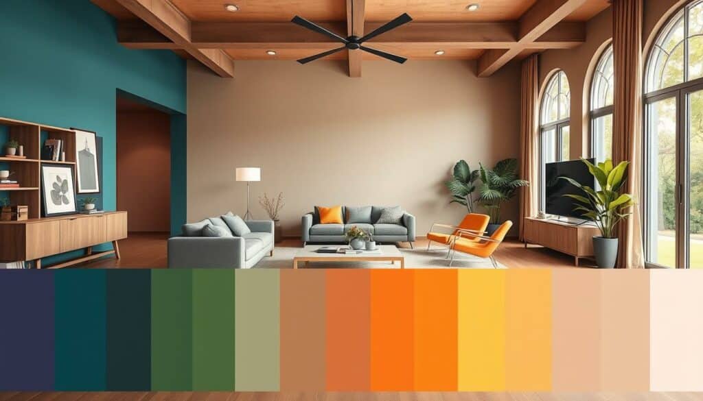 A vibrant, modern living room with an array of the latest trending wall colors. The foreground showcases a well-curated palette of rich jewel tones, earthy neutrals, and muted pastels, harmoniously blended across the walls. The middle ground features sleek, minimalist furniture in complementary hues, accentuating the color scheme. In the background, large windows flood the space with warm, natural light, creating a serene, inviting ambiance. The overall composition exudes a sense of contemporary sophistication and personal style, capturing the essence of current wall color trends for the modern home. A vibrant, modern living room with an array of the latest trending wall colors. The foreground showcases a well-curated palette of rich jewel tones, earthy neutrals, and muted pastels, harmoniously blended across the walls. The middle ground features sleek, minimalist furniture in complementary hues, accentuating the color scheme. In the background, large windows flood the space with warm, natural light, creating a serene, inviting ambiance. The overall composition exudes a sense of contemporary sophistication and personal style, capturing the essence of current wall color trends for the modern home.