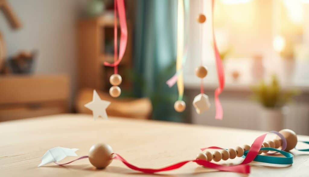 A vibrant, step-by-step DIY mobile instruction set, showcasing a whimsical arrangement of handcrafted elements against a warm, softly-lit backdrop. In the foreground, delicate paper shapes, wooden beads, and colorful ribbons are carefully positioned, hinting at the creative process. The midground features a neutral wooden surface, providing a natural foundation for the mobile components. In the background, a serene, slightly defocused setting evokes a cozy, inspirational atmosphere, encouraging the viewer to imagine the mobile swaying gently in a sunlit room. The overall composition exudes a sense of playfulness and tactile craftsmanship, perfectly suited to illustrate the "Anleitung: Mobiles basteln Schritt für Schritt" section. A vibrant, step-by-step DIY mobile instruction set, showcasing a whimsical arrangement of handcrafted elements against a warm, softly-lit backdrop. In the foreground, delicate paper shapes, wooden beads, and colorful ribbons are carefully positioned, hinting at the creative process. The midground features a neutral wooden surface, providing a natural foundation for the mobile components. In the background, a serene, slightly defocused setting evokes a cozy, inspirational atmosphere, encouraging the viewer to imagine the mobile swaying gently in a sunlit room. The overall composition exudes a sense of playfulness and tactile craftsmanship, perfectly suited to illustrate the "Anleitung: Mobiles basteln Schritt für Schritt" section.