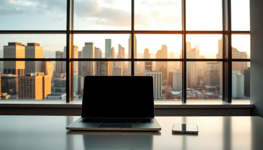 A well-lit, modern office scene. In the foreground, a laptop and smartphone sit on a sleek, minimalist desk. The background features a large window overlooking a bustling city skyline, bathed in warm, golden light. The scene conveys a sense of professionalism and efficiency, suitable for a guide on how to register a business online. The composition is balanced, with the desk and technology taking center stage, while the cityscape provides a subtle, contextual backdrop. The overall mood is one of productivity, progress, and the ease of conducting business in the digital age.