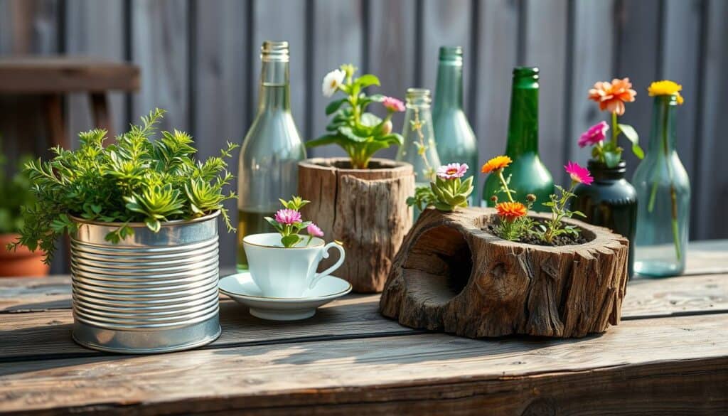 A well-lit outdoor scene featuring an assortment of unconventional planters arranged artfully on a rustic wooden table. In the foreground, an upcycled tin can planter overflows with lush greenery. To the side, a vintage teacup and saucer house a delicate succulent. In the middle ground, a hollowed-out tree stump serves as a natural planter for vibrant flowers. Behind, a collection of repurposed glass bottles, each containing a different flowering plant, catches the soft, golden light. The overall composition has a whimsical, handcrafted aesthetic that evokes a sense of creativity and eco-friendly gardening. A well-lit outdoor scene featuring an assortment of unconventional planters arranged artfully on a rustic wooden table. In the foreground, an upcycled tin can planter overflows with lush greenery. To the side, a vintage teacup and saucer house a delicate succulent. In the middle ground, a hollowed-out tree stump serves as a natural planter for vibrant flowers. Behind, a collection of repurposed glass bottles, each containing a different flowering plant, catches the soft, golden light. The overall composition has a whimsical, handcrafted aesthetic that evokes a sense of creativity and eco-friendly gardening.